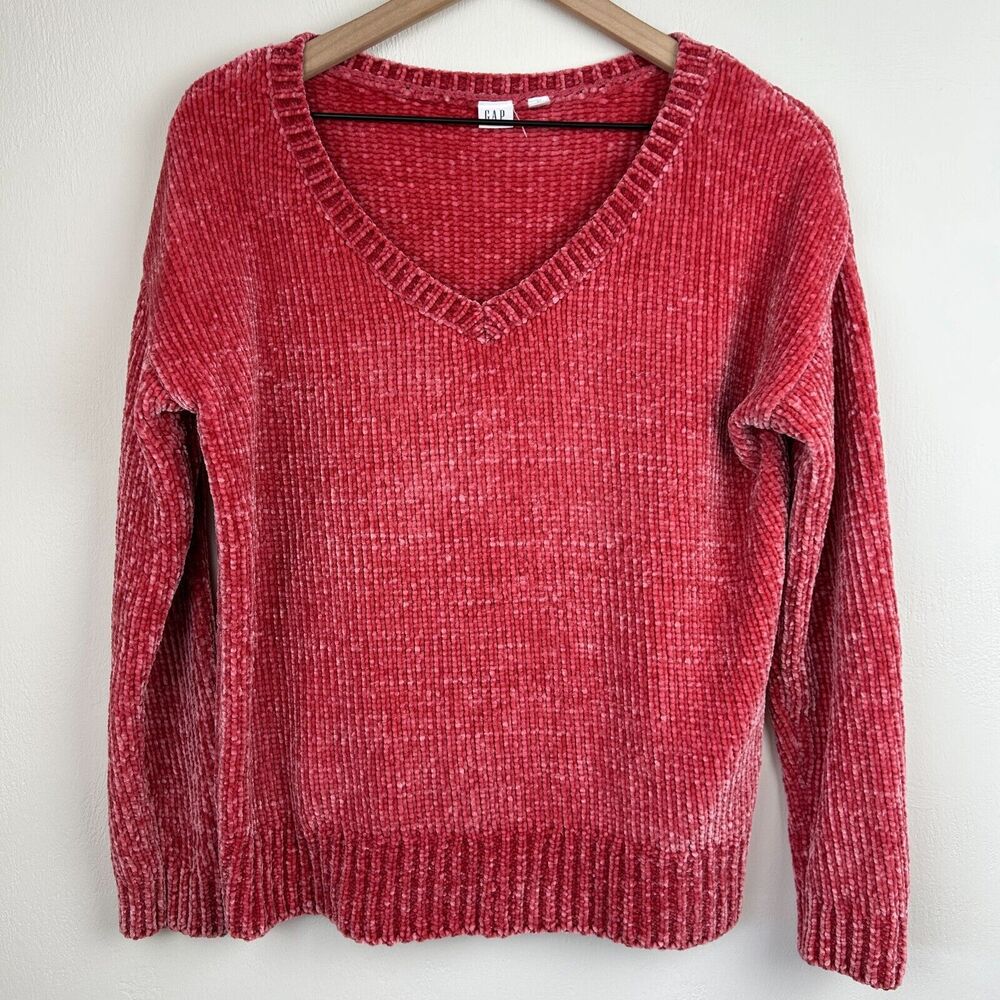 Gap Chenille V-Neck Sweater Womens XS Pink Oversized Boxy Loose Soft Ladies